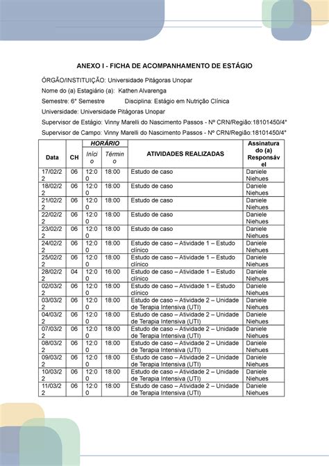 Ficha De Acompanhamento De Est Gio Preenchida Pedagogia Braincp