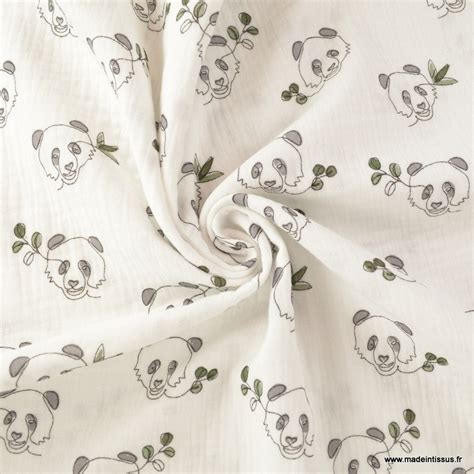 Tissu double gaze motif Pandas fond blanc cassé oeko tex