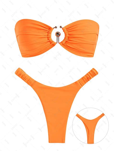 Metal Ring Pleated Cinched Bandeau Thong Bikini Set In Orange Zaful 2024