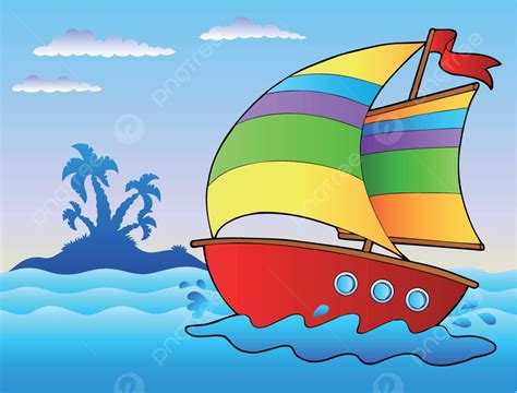 Cartoon Sailboat Near Small Island Outdoor Coastal Maritime Vector