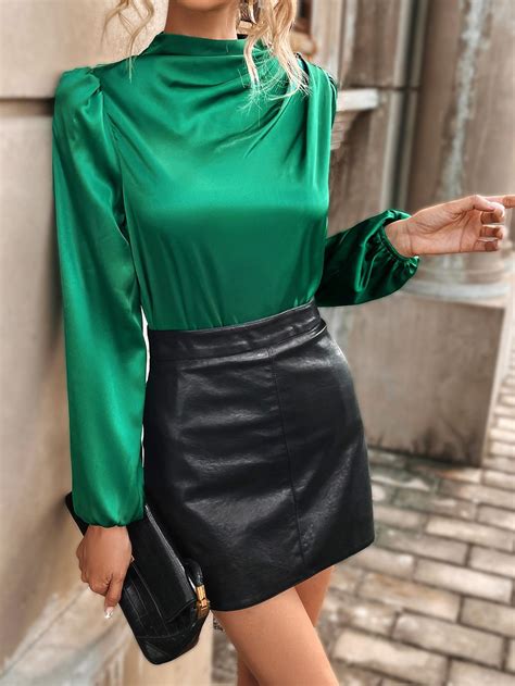 Green Elegant Collar Long Sleeve Satin Plain Top Embellished Slight