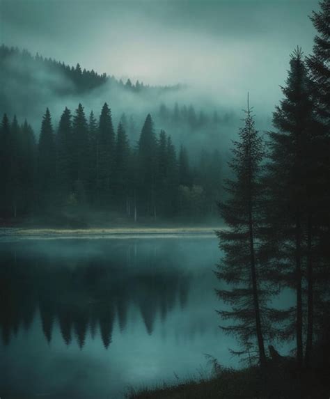 Premium Photo | A foggy night with a forest and mountains in the ...