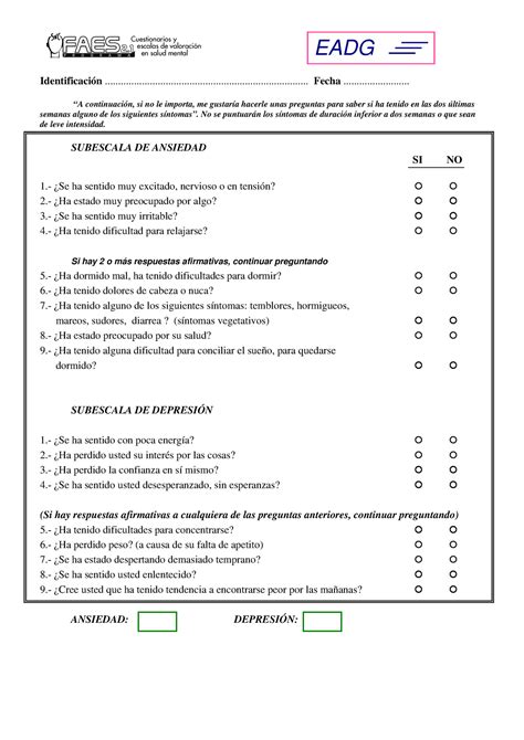 Escala DE Ansiedad Depresión DE Golllbert EADG Identificación Studocu