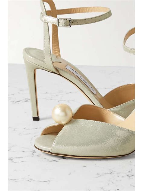 JIMMY CHOO Sacora 85 Faux Pearl Embellished Metallic Leather Sandals