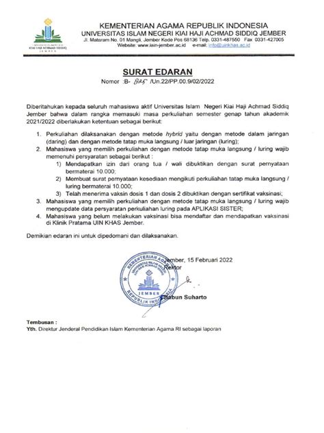 Surat Edaran Perkuliahan Semester Genap Tahun Akademik 2021 2022 Pdf