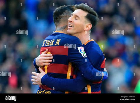 Barcelona. 13th Mar, 2016. Barcelona's Neymar (L) hugs Lionel Messi to ...