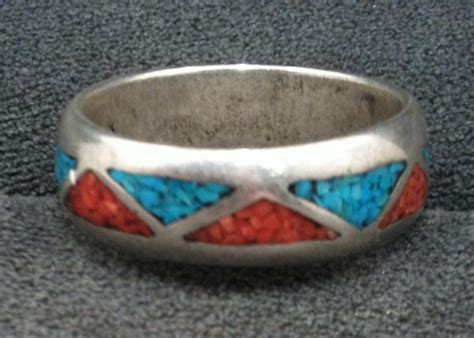 Large Vintage Sterling Silver Turquoise And Coral Southwestern Ring