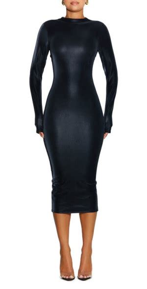 Naked Wardrobe Liquid Faux Suede Long Sleeve Midi Dress In Black