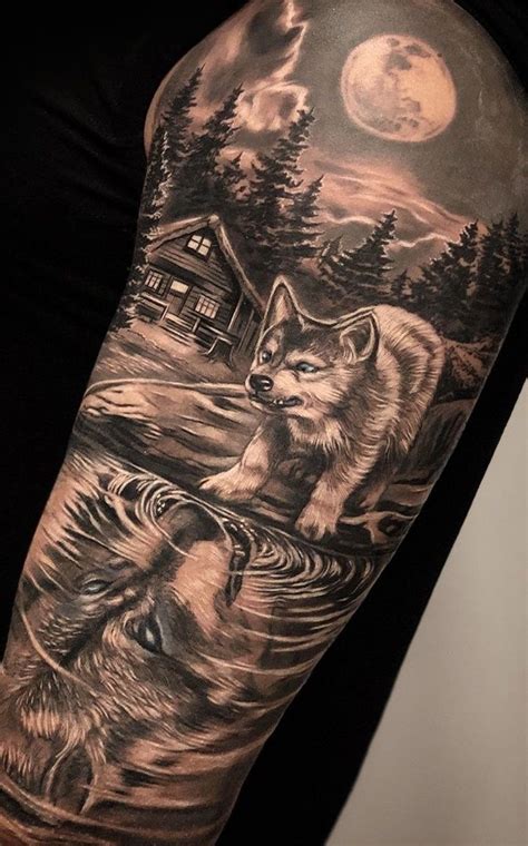 Tatuagem de reflexo de lobo | Wolf tattoo sleeve, Skull sleeve tattoos, Animal sleeve tattoo