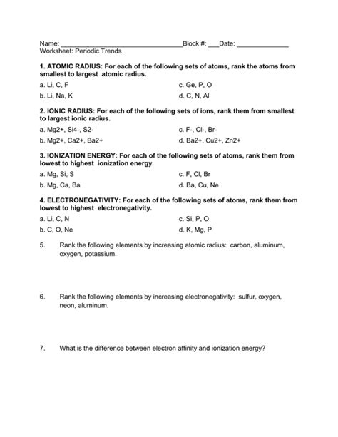 Name Date Worksheet Periodic Trends Atomic Radius