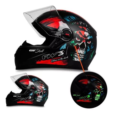 Capacete Gt Skull Caveira Viseira Camaleão Fw3 Cor Preto brilhante