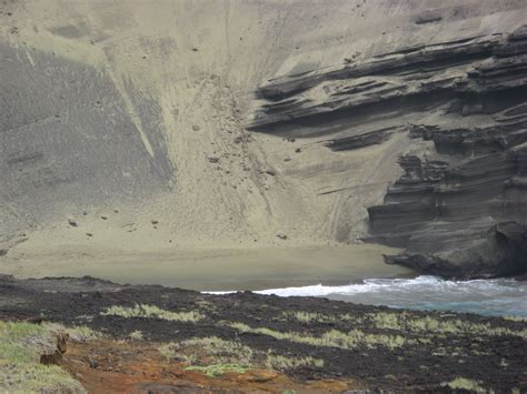 Green sand, aka olivine, being weathered out of a volcano at Green Sand ...