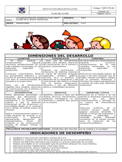 Plan De Clase Transición P3 2017 Educación De La Primera Infancia