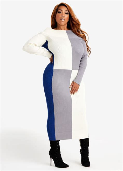 Plus Size Colorblock Off The Shoulder Midi Sweater Bodycon Dress