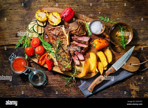 Beef Steak With Grilled Vegetables And Seasoning On Serving Board Stock