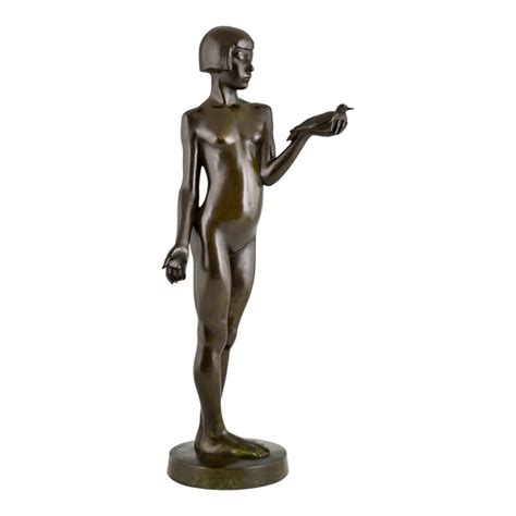 Art Deco Bronze Sculpture Nude Girl With Dove H 67 Cm Deconamic