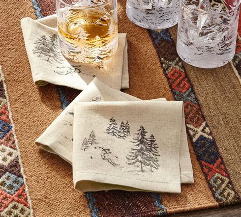 Rustic Forest Cotton Linen Cocktail Napkins Mixed Set Of 4 Pottery Barn