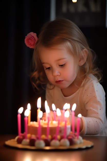 Photo d une petite fille soufflant les bougies de son gâteau créé avec