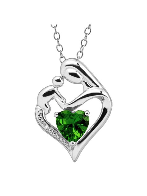 Gemstone Mother And Child Heart Pendant Necklace With Diamond In Sterling