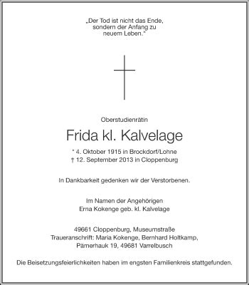 Traueranzeigen Von Frida Kl Kalvelage Om Trauer De