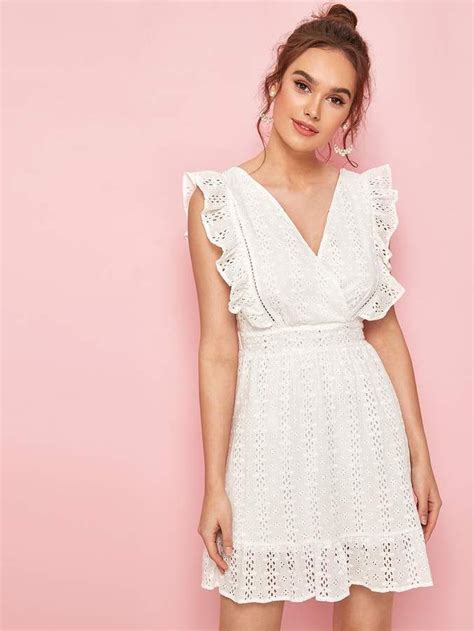 Ruffle Trim Eyelet Embroidery Tie Back Dress Chicken Dress Dress