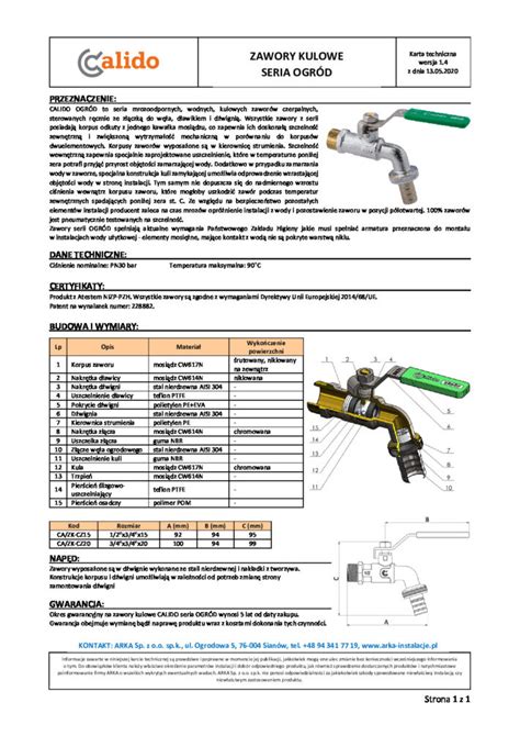 CALIDO Karta Techniczna Zawory Ogrodowe Arka Sp Z O O