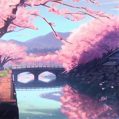 Premium Photo Japanese Cherry Blossom Trees And Lake Landscape Anime