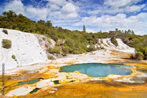 Colourful Silica Terrace Formed By Hot Water Algae Growing In The