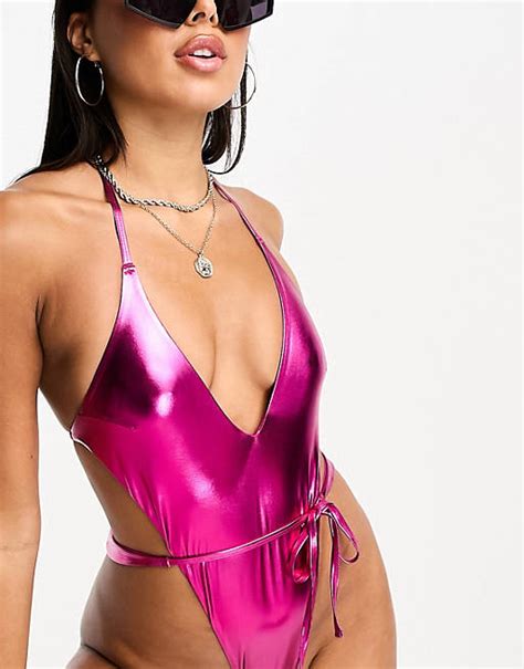 Asos Design Metallic Plunge Super High Leg Swimsuit In Pink Asos