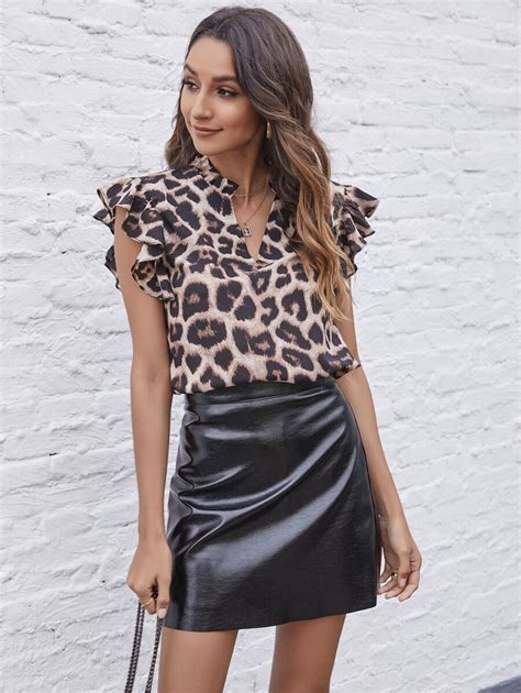 Shein Lune Notched Leopard Ruffle Trim Blouse Shein Usa