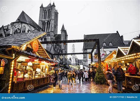 Ghent, Belgium. Illuminated Christmas Market with Food, Drinks and ...