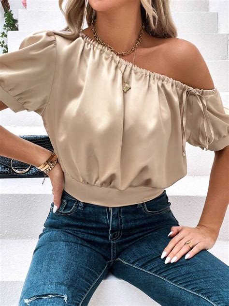 Shein Privé Asymmetrical Neck Puff Sleeve Crop Satin Blouse Shein Usa