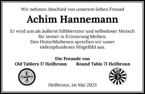 Traueranzeigen Von Achim Hannemann Trauerundgedenken De