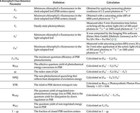 Definitions Of All Measured And Calculated Chlorophyll Fluorescence