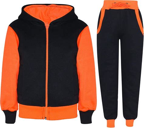 Kids Girls Tracksuit Neon Orange Fleece Hooded Jogging Suit Bottom