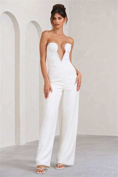 Julia White Extreme Plunge Cut Out Wide Leg Jumpsuit Club L London Usa