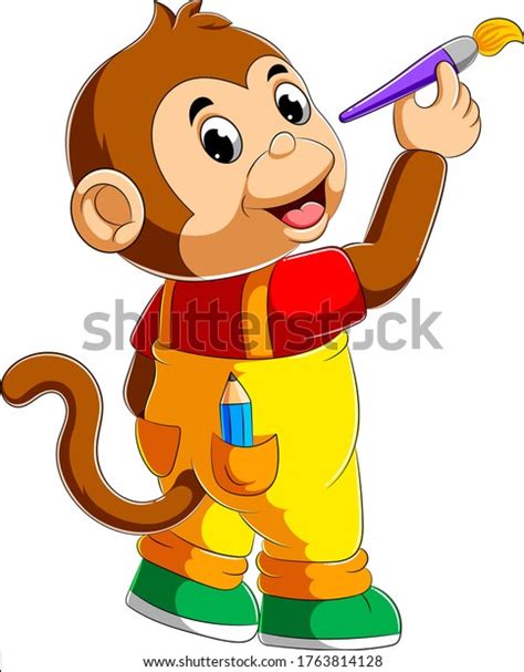 Cute Monkey Holding Paint Brush Illustration Stock Vector Royalty Free