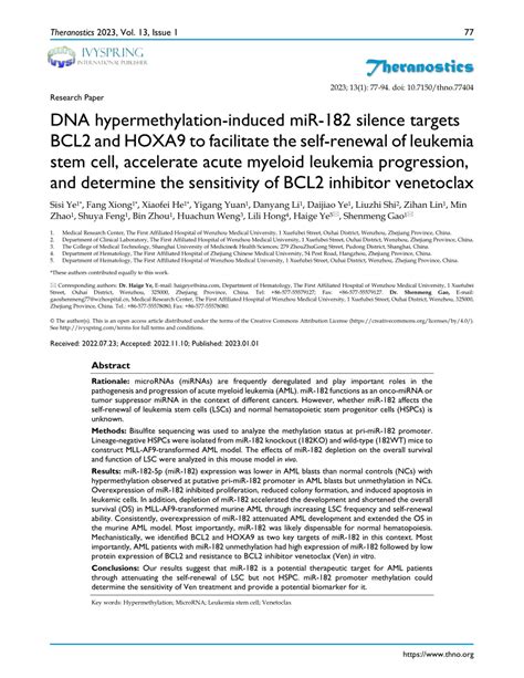 PDF DNA Hypermethylation Induced MiR 182 Silence Targets BCL2 And