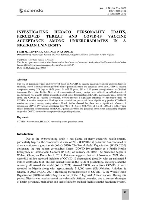 PDF Investigating Hexaco Personality Traits Perceived Threat And