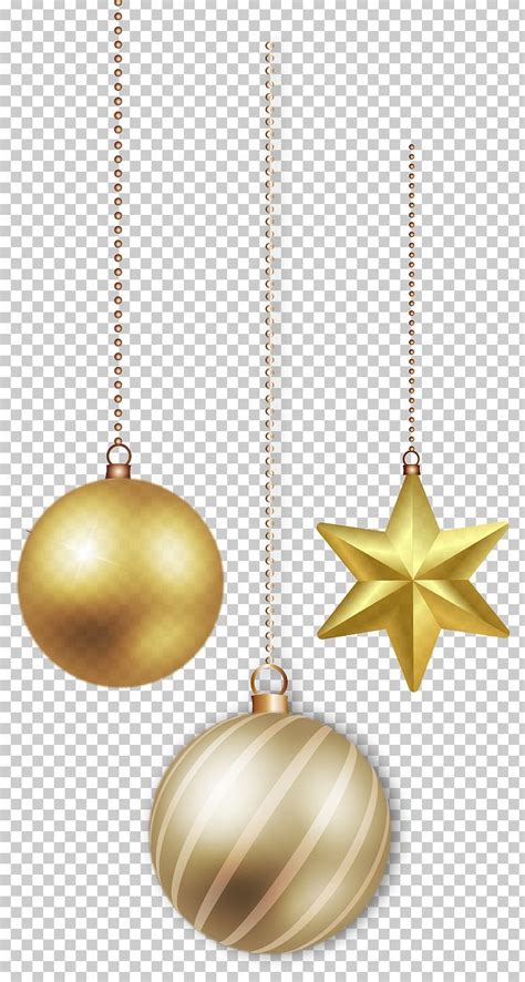 Three Gold Christmas Ornaments Hanging From Chains On A White