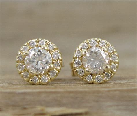 Diamond Halo Earrings, Diamond Yellow Gold Stud Earrings | Benati