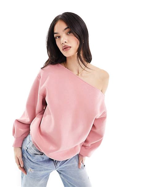 Asos Design Slouchy One Shoulder Sweatshirt In Pink Asos