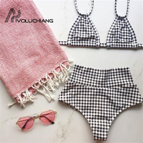 Sexy White Plaid High Waist Bikini Set Women Bandage Top Bathing