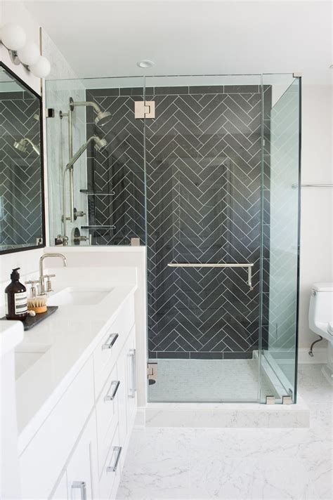 Black Herringbone Tile Bathroom Black And White Bathroom