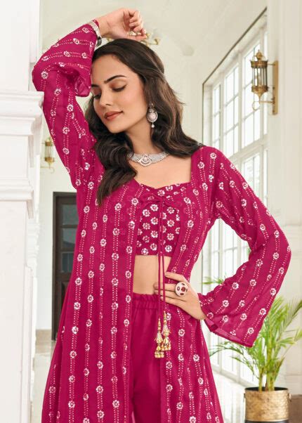 Rani Pink Crop Top Palazzo Set With Dupatta Urban Womania