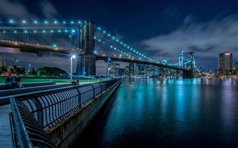 Download Light Blue Night New York Bridge Man Made Brooklyn Bridge Hd