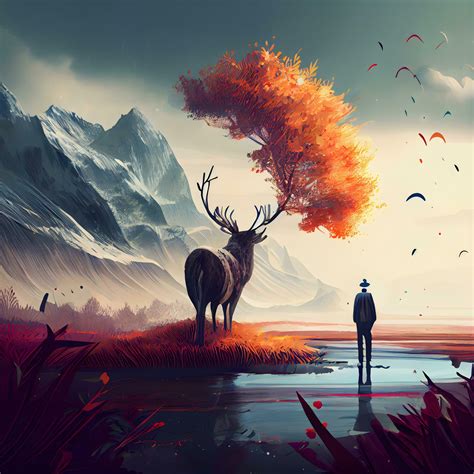 Fantasy landscape with deer and woman in the lake. Digital painting, Ai ...