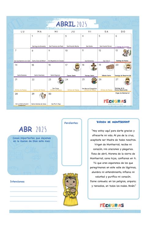 Calendario 2025 Artículos Religiosos FEchorias