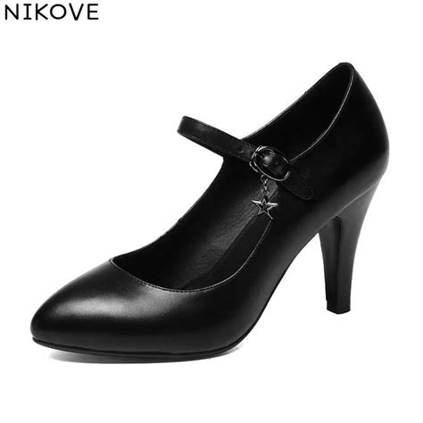 NIKOVE 2018 Thin High Heels Women Pumps Buckle Strap OL Cow Leather PU