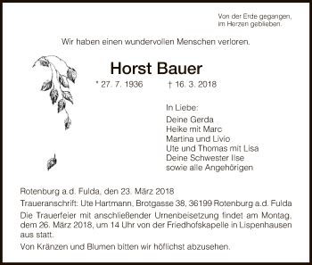 Traueranzeigen Von Horst Bauer Trauer Hna De